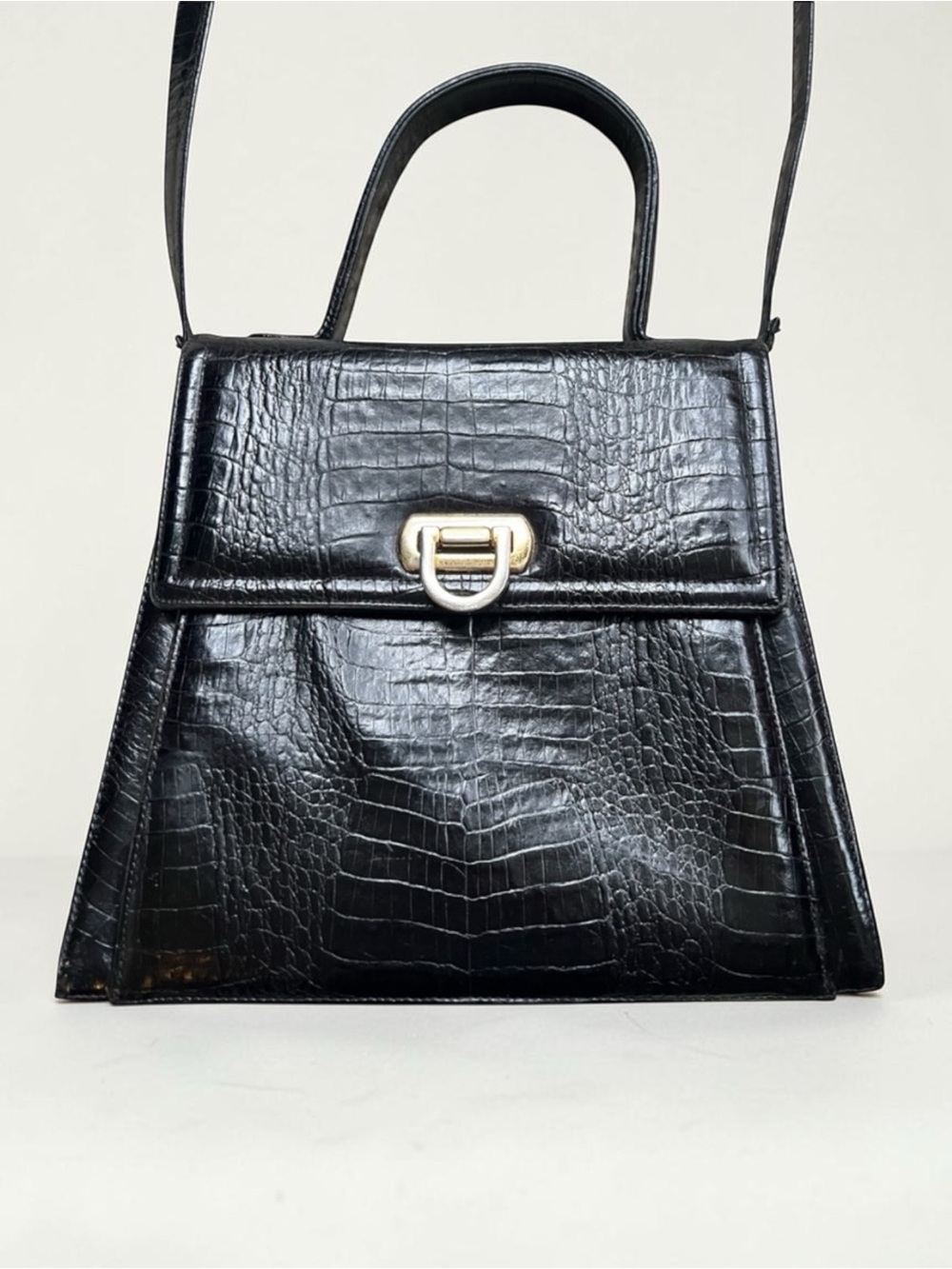 Vintage Black Croc Embossed Top Handle Trapezoid Handbag Purse 90s Neiman Marcus